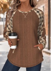 ROTITA Tummy Coverage Plaid Dark Coffee Round Neck Sweatshirt