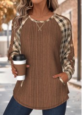 Dark Coffee tops,Plaid tops,Geometric tops,ROTITA Tummy Coverage Plaid Dark Coffee Round Neck Sweatshirt