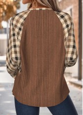 Dark Coffee tops,Plaid tops,Geometric tops,ROTITA Tummy Coverage Plaid Dark Coffee Round Neck Sweatshirt