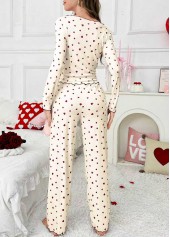 Beige loungewear,Heart loungewear,Heart Print Beige Long Sleeve Lounge Top and Pants