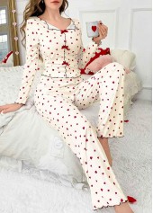 Beige loungewear,Heart loungewear,Heart Print Beige Long Sleeve Lounge Top and Pants