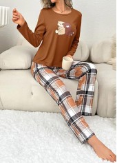 Dark Camel loungewear,Plaid loungewear,Geometric loungewear,Plaid Dark Camel Round Neck Lounge Top and Pants