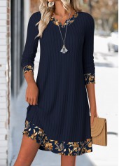 ROTITA Tummy Coverage Leaf Print Navy Short V Neck Dress