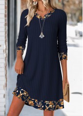 Navy dresses,Plants dresses,Casual dresses,ROTITA Tummy Coverage Leaf Print Navy Short V Neck Dress