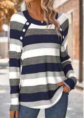 Navy tops,Striped tops,Geometric tops,ROTITA Tummy Coverage Striped Navy Round Neck T Shirt