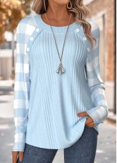 ROTITA Tummy Coverage Plaid Light Blue Round Neck T Shirt