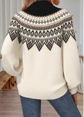 Beige tops,Tribal tops,ROTITA Curved Hem Fair Isle Print Beige Turtleneck Sweatshirt