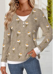 Rotita – T-Shirt mit Bauchbedeckung und Gänseblümchen-Print in dunklem Kaffee