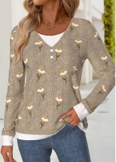 Dark Coffee tops,Floral tops,Plants tops,ROTITA Tummy Coverage Daisy Print Dark Coffee T Shirt