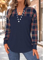 Navy tops,Plaid tops,Geometric tops,ROTITA Tummy Coverage Plaid Navy Split Neck Long Sleeve Sweatshirt