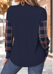 Navy tops,Plaid tops,Geometric tops,ROTITA Tummy Coverage Plaid Navy Split Neck Long Sleeve Sweatshirt