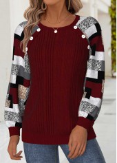 ROTITA Tummy Coverage Geometric Print Deep Red Round Neck Sweatshirt