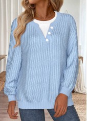 Blue tops,Plain Color tops,ROTITA Tummy Coverage Blue Round Neck Long Sleeve Sweatshirt