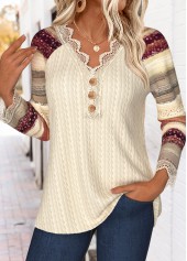 Beige tops,Striped tops,Geometric tops,ROTITA Tummy Coverage Striped Beige V Neck T Shirt