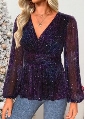 Multi Color tops,Plain Color tops,ROTITA Tummy Coverage Multi Color V Neck Long Sleeve Blouse