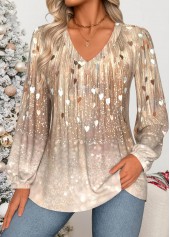 ROTITA Curved Hem Heart Print Skin Color V Neck Blouse