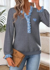 Dark Grey Marl tops,Contrast Color tops,ROTITA Frill Dark Grey Marl Long Sleeve T Shirt