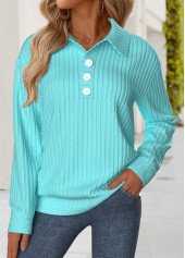 ROTITA Tummy Coverage Cyan Turn Down Collar Long Sleeve Sweatshirt