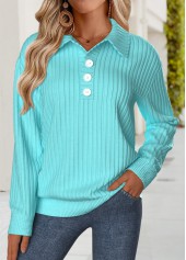 Cyan tops,Plain Color tops,ROTITA Tummy Coverage Cyan Turn Down Collar Long Sleeve Sweatshirt