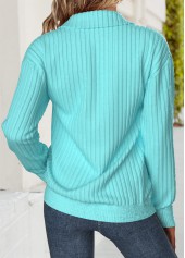 Cyan tops,Plain Color tops,ROTITA Tummy Coverage Cyan Turn Down Collar Long Sleeve Sweatshirt