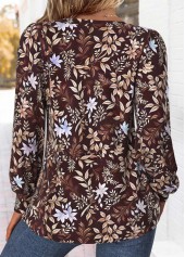 Dark Coffee tops,Plants tops,Floral tops,ROTITA Tuck Stitch Random Floral Print Dark Coffee T Shirt