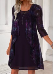 Dark Purple dresses,Plain Color dresses,Casual dresses,ROTITA Tummy Coverage Dark Purple Round Neck Dress and Cardigan