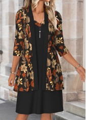Robe noire à imprimé feuilles et cardigan couvrant le ventre style rotita