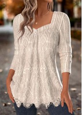 Beige tops,Plain Color tops,ROTITA Tummy Coverage Beige Square Neck Long Sleeve T Shirt