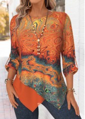 ROTITA Tummy Coverage Ink Painting Print Orange Round Neck Blouse