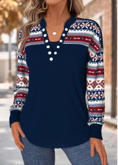 Navy tops,Tribal tops,ROTITA Tummy Coverage Tribal Print Navy Split Neck Sweatshirt