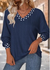 Navy tops,Dot tops,ROTITA Tummy Coverage Polka Dot Navy V Neck Sweatshirt