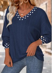 Navy tops,Dot tops,ROTITA Tummy Coverage Polka Dot Navy V Neck Sweatshirt