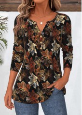 ROTITA Tummy Coverage Floral Print Black Split Neck T Shirt