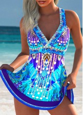 Purplish Blue swimwear,Tribal swimwear,ROTITA Purplish Blue Tribal Print High Waisted Tankini Set