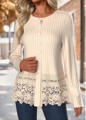 Beige tops,Plain Color tops,ROTITA Tummy Coverage Beige Round Neck Long Sleeve T Shirt