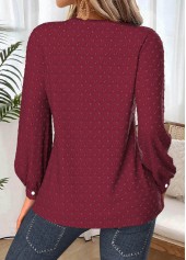 Wine Red tops,Plain Color tops,ROTITA Tummy Coverage Wine Red Split Neck Long Sleeve Shirt