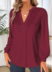 Wine Red tops,Plain Color tops,ROTITA Tummy Coverage Wine Red Split Neck Long Sleeve Shirt