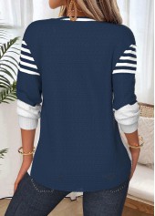 Navy tops,Striped tops,Geometric tops,ROTITA Tummy Coverage Striped Navy Split Neck Long Sleeve Sweatshirt