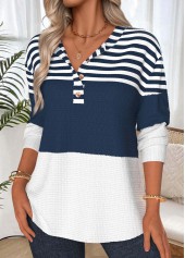 Navy tops,Striped tops,Geometric tops,ROTITA Tummy Coverage Striped Navy Split Neck Long Sleeve Sweatshirt
