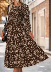 Dark Coffee dresses,Ditsy Floral dresses,Casual dresses,ROTITA Tummy Coverage Ditsy Floral Print Dark Coffee Dress