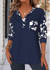Sweat-shirt Rotita à col fendu bleu marine imprimé floral et ventre couvert