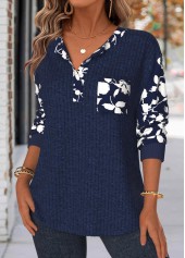 Navy tops,Floral tops,Plants tops,ROTITA Tummy Coverage Floral Print Navy Split Neck Sweatshirt