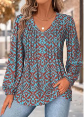Rotita-Bluse mit Bauchbedeckung Ethno-Print neonblauer V-Ausschnitt