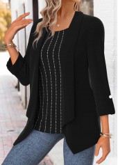 Black tops,Plain Color tops,ROTITA Tummy Coverage Black Square Neck Long Sleeve Blouse