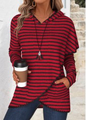 ROTITA Tummy Coverage Striped Wine Red Long Sleeve Hoodie