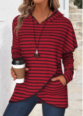 Wine Red tops,Striped tops,Geometric tops,ROTITA Tummy Coverage Striped Wine Red Long Sleeve Hoodie