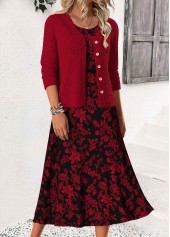 Robe Rotita rouge bordeaux à col rond et imprimé floral couvrant le ventre