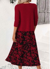 Wine Red dresses,Floral dresses,Plants dresses,Casual dresses,ROTITA Tummy Coverage Floral Print Wine Red Round Neck Dress
