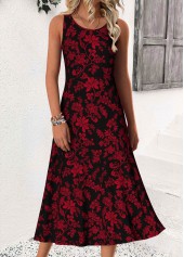 Wine Red dresses,Floral dresses,Plants dresses,Casual dresses,ROTITA Tummy Coverage Floral Print Wine Red Round Neck Dress