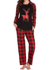 Christmas Plaid Red Round Neck Lounge Top and Pants